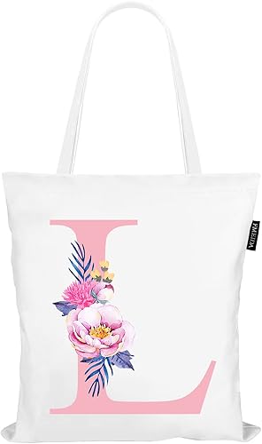 Fmeida Bolsas de lona con iniciales florales, bolsas de mano personalizadas con letras rosas con bolsillo interior con cremallera, regalos con