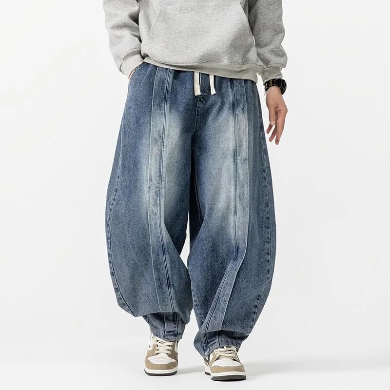 Vintage Harem Pants Men Loose Hip Hop Denim Wide Leg Pants Mens Straight Jeans Elastic Waist Trousers2