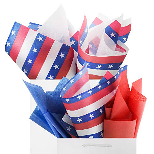 American Patriotic Pattern Tissue Gift Wrap Paper 60 Sheets Designed Star & Stripes Premium Quality Recyclable Bulk, 26 x 20,4th of July Party, for DIY Art Craft Decoration, Election, by BllalaLab