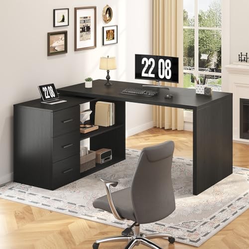 HSH Schreibtisch Schwarz Umkehrbarer Eckschreibtisch mit Stauraum für Homeoffice Modern Schreibtisch L Form mit Regal Computertisch mit 3 Schubladen für Büro Schwarz 140 cm