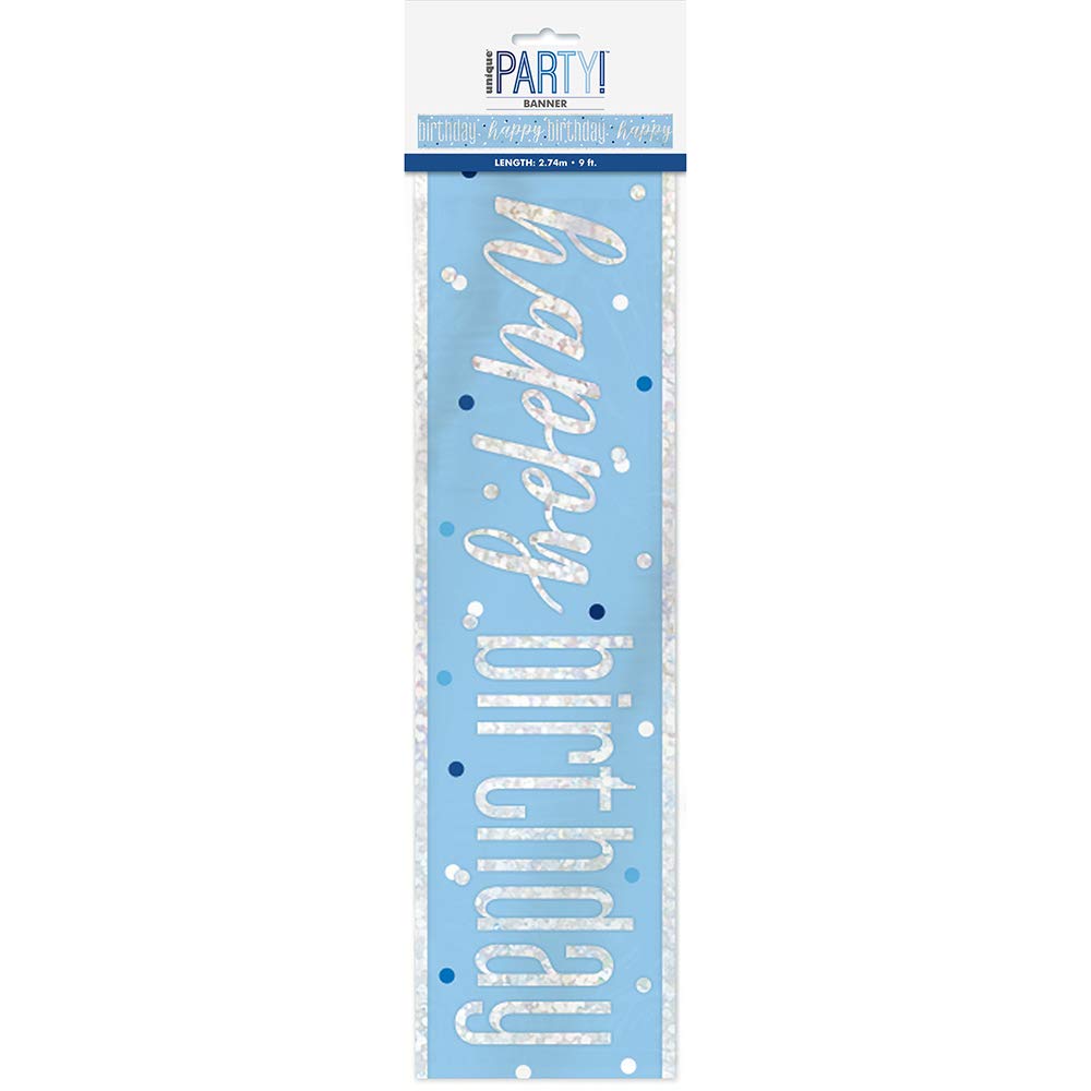 Unique Party-Pancarta prismática de papel de aluminio, 108 pulgadas, Cartel de Feliz Cumpleaños-2,74 m-Tema Glitz Azul y Plata-1 Unidad (Paquete de 1), color blue, happy birthday (83475)