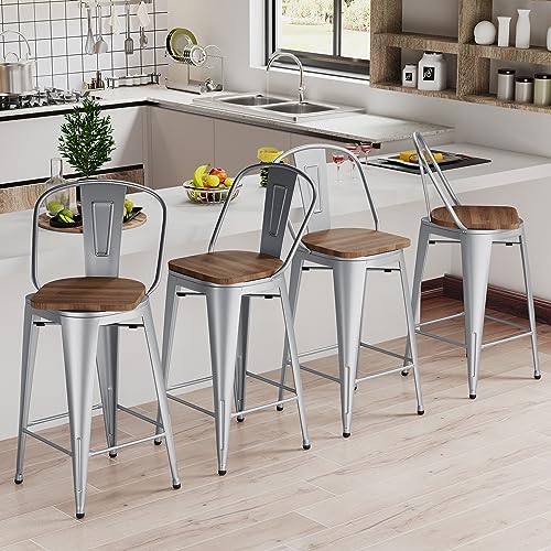 Image of Andeworld 24 Inch Swivel Bar Stools Industrial Metal Barstools High Back Dining Bar Chairs Counter Height Stools with Wooden Seat Set of 4(24 inch,Silver)