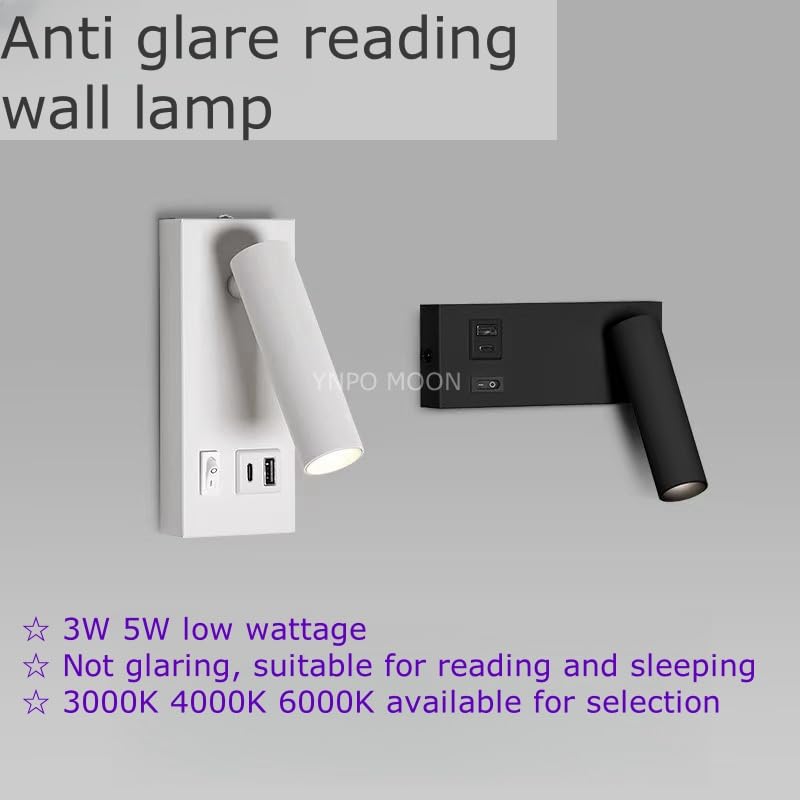 Luz Lectura Pared Brazo Flexible Lámpara de pared lectura giratoria con carga USB tipo C, montaje en superficie, LED 5 W, foco empotrable(Black,Neutral Light 4000K,5W)