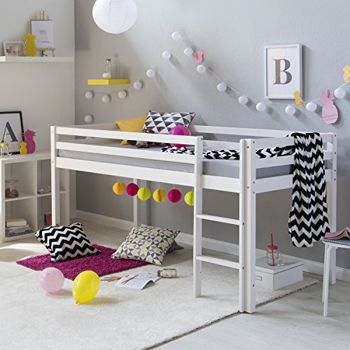 Hochbett Homestyle4u 1433 in Weiß für Kinderzimmer 90×200 mit Leiter