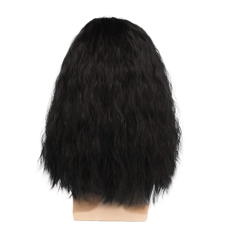 Kaneles Mens Long Curly Black Wig Side Part Fuffy 80s Rocker Wig Synthetic Hair Halloween Cosplay Anime Costume Wig for Male Guy