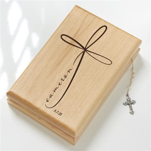 Personalization Universe Holy Name Engraved Alderwood Personalized First Communion Valet Box with Felt-Lined Compartments, Jewlery Organizer Box, 1st Communion Gift for Girls or Boys