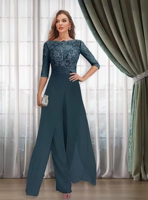 2 Pieces Mother of The Bride Pant Suits for Women Dressy - Chiffon Lace Applique Wedding Guest Formal Party Evening Gown2