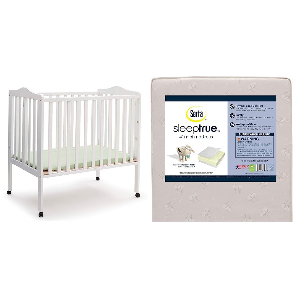 Delta Children Folding Portable Mini Baby Crib with 1.5-inch Mattress - Greenguard Gold Certified, White & Serta SleepTrue Mini Crib Mattress, Premium Sustainably Sourced Fiber Core, Hypoallergenic
