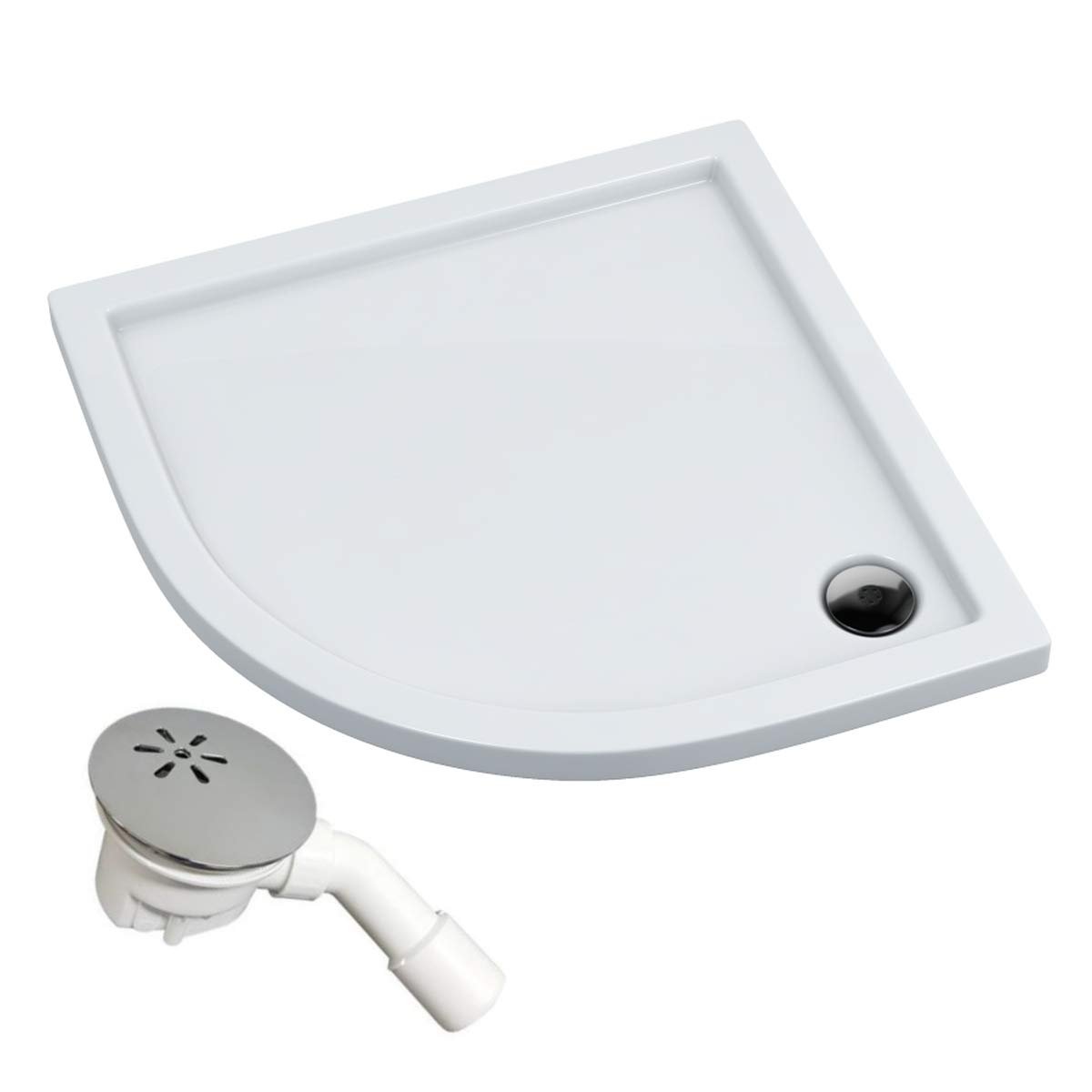 VBChome Duschwanne 90x90x5 cm R55 Duschtasse Viertelkreis für Duschkabine Styroporträger flach Sanitär-Acryl Duschbecken stabil glatt weiß Dusche+ Ablaufgarnitur