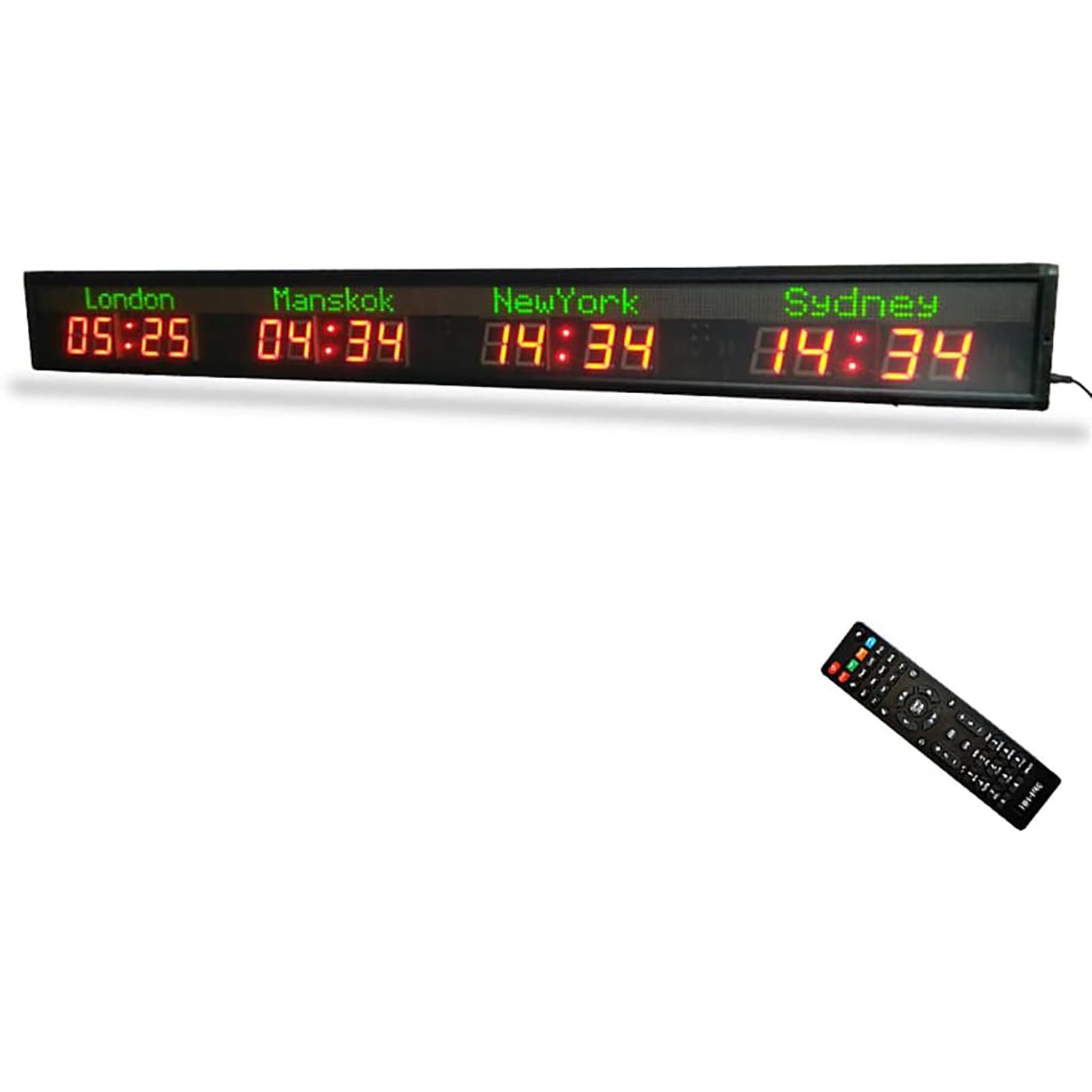 4 City World Time Clock, World Time Zone Clock, 2 Modes, LED Wall Clock with Remote Control, 5 Levels of Brightness Adjustment, for Multinational Enterprises Hotels Office