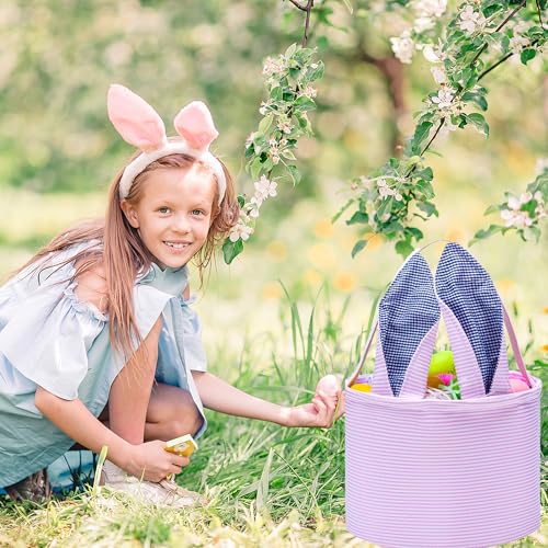 Image of Easter Basket Seersucker Egg Hunt Bunny Baskets for Kids with Cute Rabbit Ears Stripe Storage Gifts Candies Personalized Easter Party Gifts