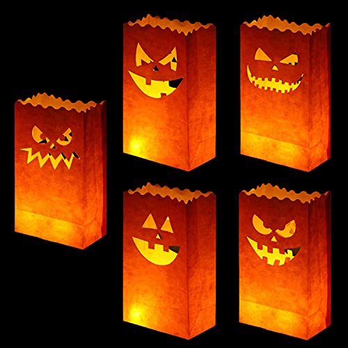 Stmarry 50 Pieces Halloween Luminary Bags Flame Resistant Candle Bags Jack-o-Lantern Tea Light Candle Holders for Halloween Party Decorations