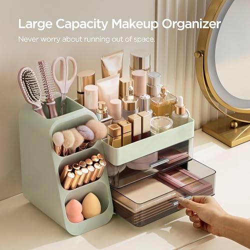Image of HBlife Makeup Organizer with Brush Holder for Vanity, Large Plastic Bathroom Countertop Organizer Skin Care Storage, Easy to Store Lipsticks, Nail Polishes, Perfumes, Eyeshadow Palettes, Green