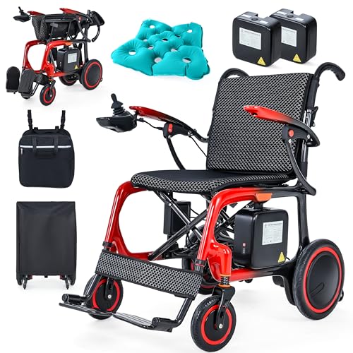 WEYRAL Silla de ruedas eléctrica plegable, solo pesa 13 kg, 2 pilas de 12 Ah, silla de ruedas eléctrica, 45 km de alcance, silla de ruedas de fibra de carbono de alta calidad, con cojín de asiento
