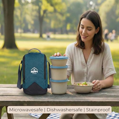 Image of Happy Cove Eco Friendly Lunch Box for Office Use | Biocomposite Wheat Straw, Rice Husk & Bamboo Fibre | 3 Microwave Safe Containers | Tiffin Box with Lunch Bag | Microwave Safe, Oven Safe, Unbreakable
