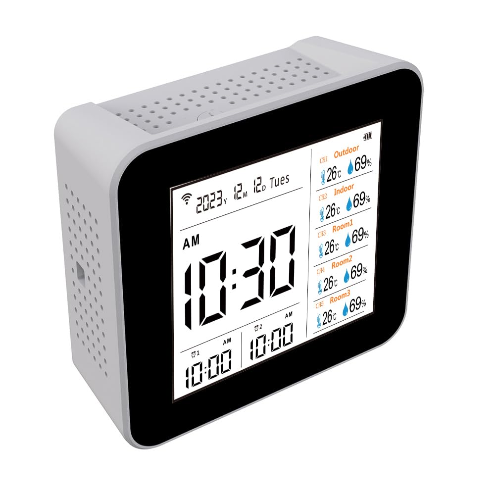 Termómetro Higrómetro Inteligente WIFI para Oficina en Casa, Monitoreo en Tiempo Real Medidor de Humedad de Temperatura 13 1 con Pantalla Hora/alarma, Material ABS Blanco (con 5 subunidades)