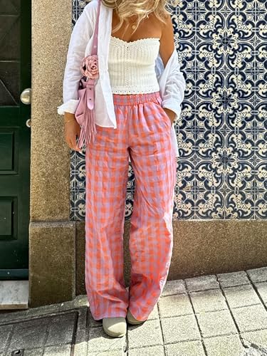 Sunloudy Women Drawstring Plaid Long Pants Elastic Waist Straight Leg Gingham Print Long Trousers Casual Lounge Pants2