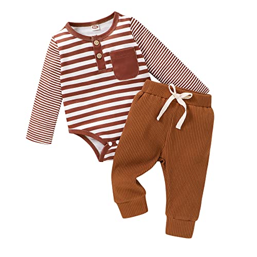 Image of SEVEN YOUNG Newborn Baby Boy Clothes Long Sleeve Striped Romper Bodysuit with Pockets Solid Pants Set for Infant Boys Fall Winter Outfits (brown and white striped,0-3 months)