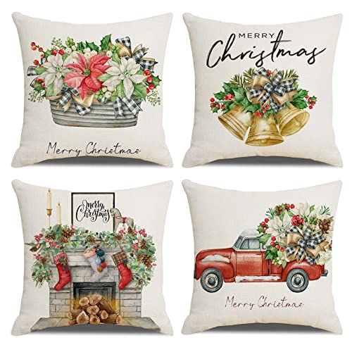 OCEUMACO Funda de almohada de lino 40x40 cm, funda de cojín de Navidad, juego de 4 unidades, cojín cuadrado para sofá, decoración de Navidad, cojín decorativo para el aire libre, cojín de café Cover