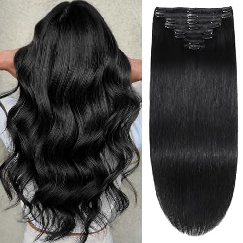 Human Hair Clip in Extensions Real Human Hair Clip-in Jet Black Hair Extensions 16inch/65g Clip ins 100% Brazilian Remy Human Hair for Women Straight Soft Hair 8pcs Double Weft