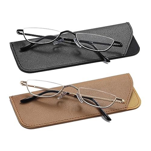 Hubeye 2 works Half Moon Reading Glasses for Women and Men Metal Slim Half Frame Lens Ultra Thin Readers with Spring Hinges and Leather case 3.50 - Image 2
