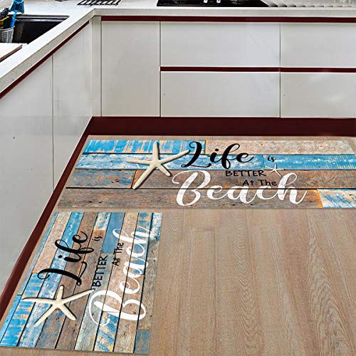 Miaklek Anti Fatigue Kitchen Mat Set of 2 Cushioned Kitchen Floor Mats Kitchen Rugs Non Slip Kitchen Runner Rug Life is Better at The Beach Starfish on Wooden Plank (15.7"x23.6"+15.7"x47.2" inches) - Image 2