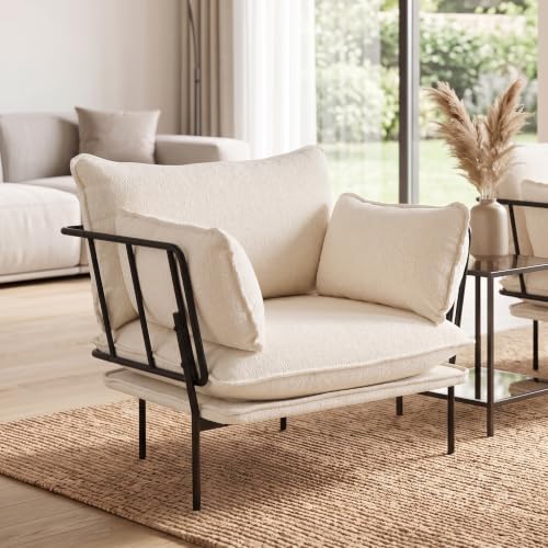 Oversized Boucle Accent Chair, Comfy Armchair Reading Chair with Metal Frame, Modern Upholstered Single Sofa Lounge Chair for Living Room, Bedroom, Office (Cream,1)