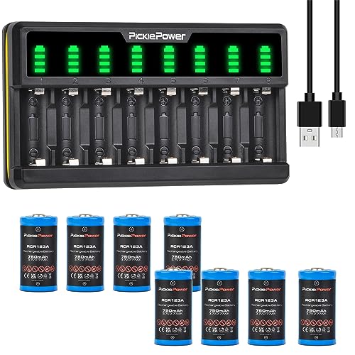Pickle Power 8 Pilas Recargables de 123 A, 750 mAh Arlo y Cargador Inteligente de 8 Ranuras para...