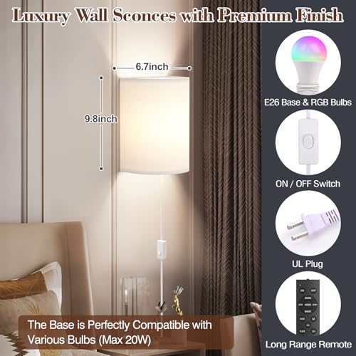 Image of Plug in Wall Sconces Set of Two: Wall Lights with 7 RGB Colors - 3 Color Temperature Wall Mount Lamps with Remote - Fabric Linen Wall Sconc for Bedroom Living Room & Hallway- Indoor Corded Wall Sconce