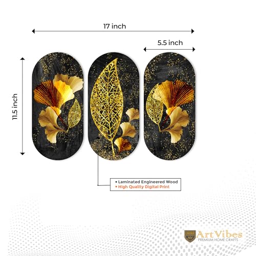 Image of Artvibes Golden Leaf Auspicious Wooden Art Work Wall Hanging For Good Luck Properity Vastu | Spiritual Decor Items | Paintings | Wall Illustrations| Modern Decor Item | Ideal Gift (WH 9001N), Set of 3
