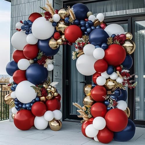 Red White Blue Balloon Arch Double Stuffed, Navy Blue Dark Ruby Red Balloon Garland Kit with Latex Gold for Birthday 4th Of July Patriot Graduation Independence Day Veterans Day Party Decoration