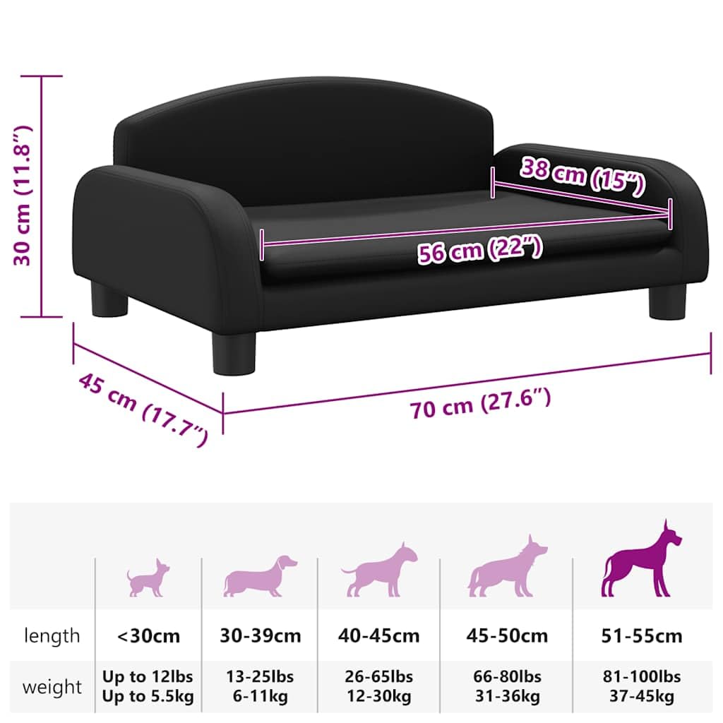 Hundebett aus schwarzem Kunstleder, 70 x 45 x 30 cm, bequemes Sofa mit Rahmen aus massivem Kiefernholz und dickem Schaumstoff, wasserdichte Beschichtung, leicht zu reinigen