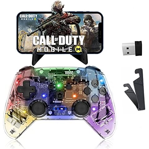 Megadream Wireless Game Controller for iOS/Tesla, MFi Transparent Mobile Gamepad RGB Joystick with Dual-Vibration Turbo Function for Android, iPhone13/12Pro Max, Samsung, Nokia, OPPO, Google Cover