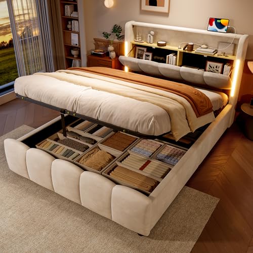 staronce Cama doble tapizada de 140 x 200 cm con LED y USB – Cama con espacio de almacenamiento e hidráulica, cabecero con tapa abatible, terciopelo beige, incluye somier, cama de invitados moderna