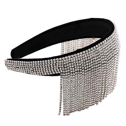 Diamond Headbands for Women Rhinestone Velvet Padded Headband Tassel Fashion Hairband Crystal Headwear Bejewelled Party Wedding Accessories for Girls