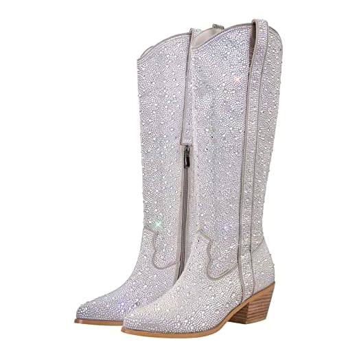 MissHeel Glitter Rhinestone Boots Sparky Booites with Sequin Knee High Boots Silver Diamond Boots Rhinestone Booties Round Toe Size 10