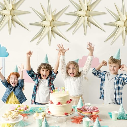 Image of TONIFUL 4 Pcs Explosion Star Balloons Cream White Foil Balloon Party Decor | 22 Inch Large Mylar Star Balloon for Cream Party Decor Boho Birthday Wedding Bridal Shower Neutral Baby Shower Engagement