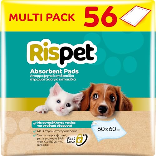 RISPET Alfombrillas higiénicas para Perros, 60 x 60 cm, Alta absorción con tecnología de Control de olores, 56 Unidades