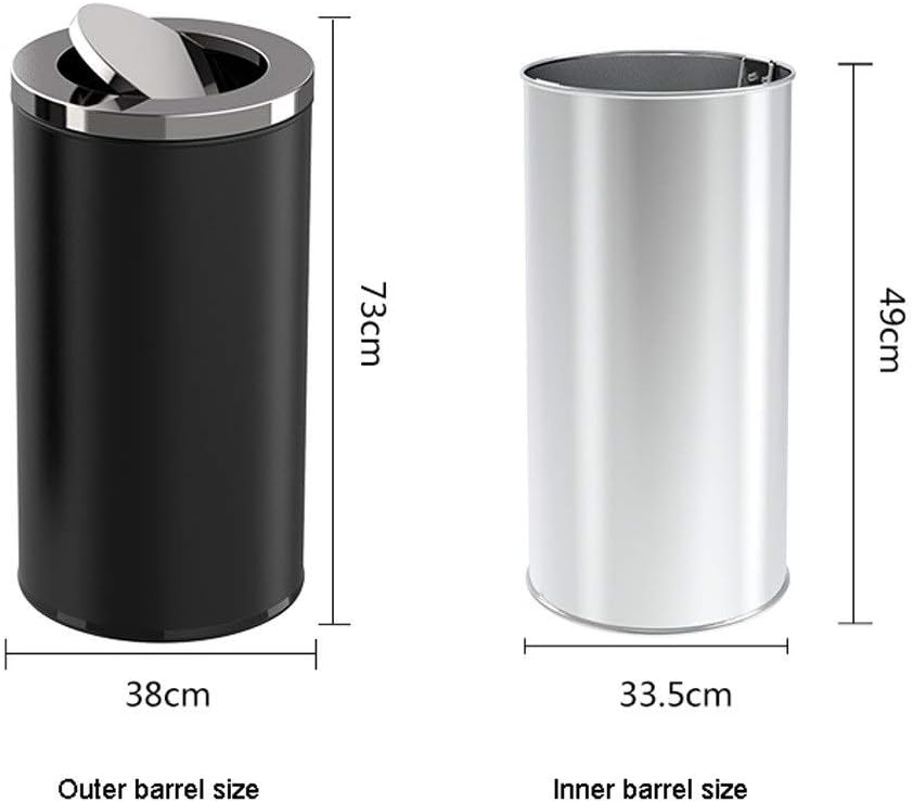 Indoor Trash cans Stainless Steel Swing-top Trash Can Outdoor Shopping Mall Hotel Round Trash Can Indoor Garbage cans(Black,L)