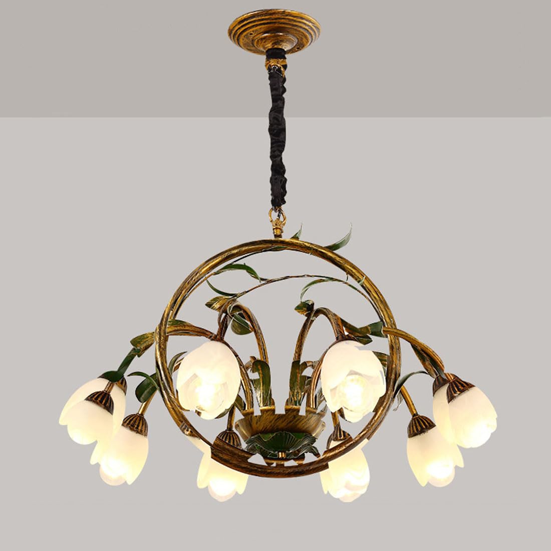 KXEcoLife E14 American multi-head chandelier, pastoral style flower retro copper and iron decorative lighting for bedroom, living room restaurant,B,8 heads