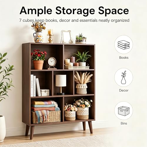 Image of HealSmart 7 Cube Storage Organizer, 3 Tier Bookshelf with Legs, Free Standing Cube Bookcase for Living Room, Bedroom, Office, Brown