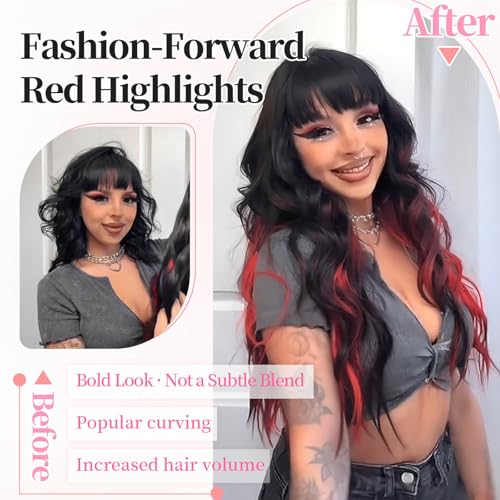 Image of KooKaStyle Wavy Thick Clip in Hair Extensions 20 inch Black Mix Red Highlights