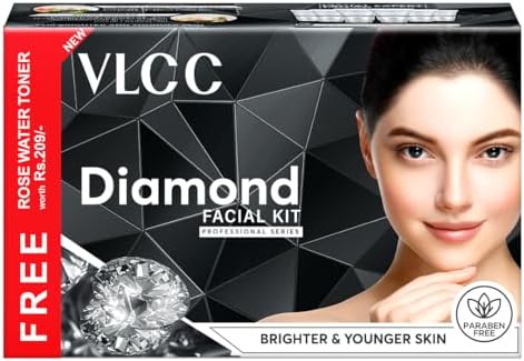 VLCC Diamond Facial Kit with FREE Rose Water Toner - 300g + 100ml | Skin Purifying Facial with Colloidal Diamond, Jojoba Oil, Olive Oil & Aloe Vera. Detoxifying At Home Facial.