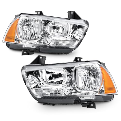 VRC For 2011-2014 Dodge Charger Headlights Halogen Pair Chrome Housing 11 12 13 14 Dodge Charger Replacement Headlamp Passenger and Driver Side Not Fitting HID model (Chrome Housing&Amber Reflector)