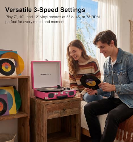 Image of Pink Bluetooth Record Player, 3-Speed Suitcase Turntable