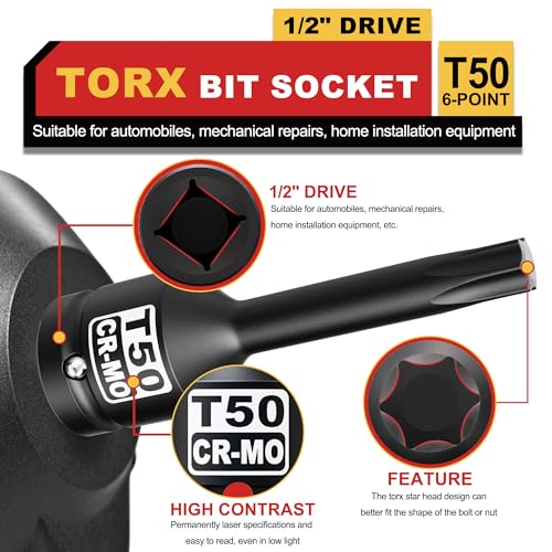 Miniatura 4 de Kirxst Juego De Llaves De Vaso De Impacto Con Puntas Torx, 1 2 Pulgadas, T50, Cr-Mo, Para Automóviles, Mantenimiento Mecánico Y Equipos De Instalación Doméstica