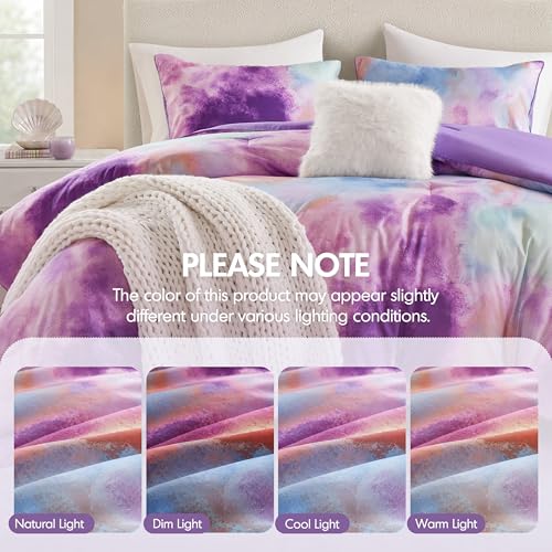 Intelligent Design King Size Comforter Set, Watercolor Comforter Set for Teen Girl & Boys, Tie Dye King Bedding Sets, 4 Pieces Cassiopeia Comforter, Sham, Throw Pillow King/Cal King Lavender by Intelligent Design - Used condition - Image 9
