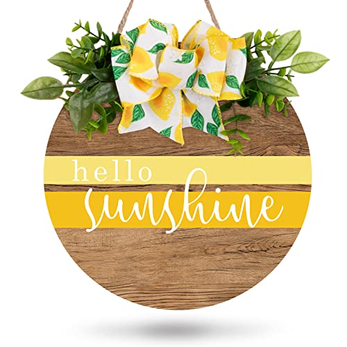 Whaline Hello Sunshine Wooden Hanging Sign Summer Welcome Sign Front Door Decor with Lemon Bow Rustic Farmhouse Door Hanger for Spring Summer Home Office Shop Window Wedding