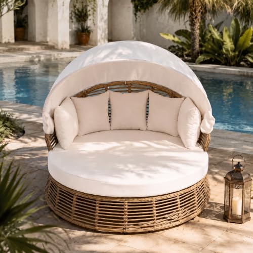 Outdoor Daybed with Canopy, Round Wicker Sectional Patio Sofa Set, Beige