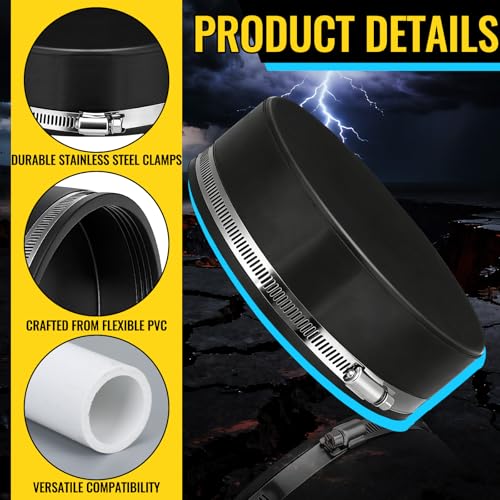 Image of 3 Pack 6 Inch Flexible PVC Pipe Cap with Stainless Steel Clamps - Black Durable End Caps for Drainage, Wastewater & Vent Pipes, Above /below Ground Use